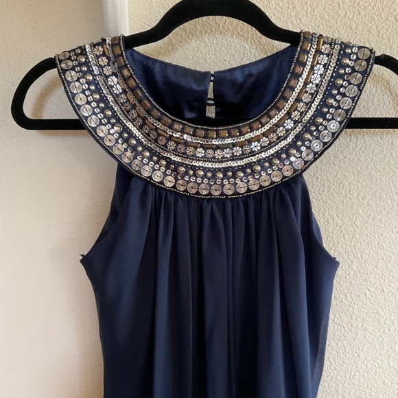 Sleeveless blue crepe beaded Greek style party dress - Picture 2 of 4
